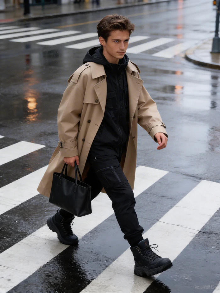 gemini boy in crosswalk fashion shot