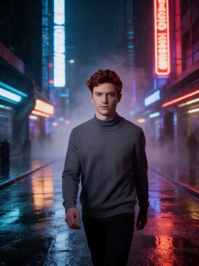 gemini ai boy in neon rain street