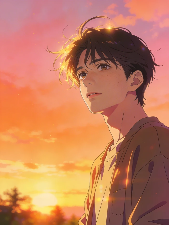 gemini ai boy in sunset anime scene