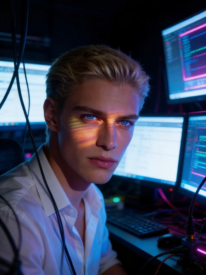 gemini ai boy with neon hacker setup