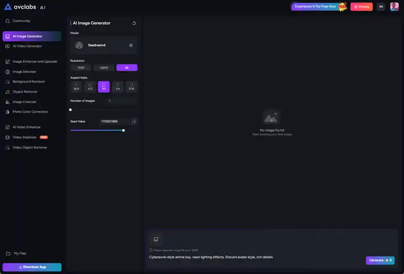 main interface of avclabs free online image generator to create discord pfp