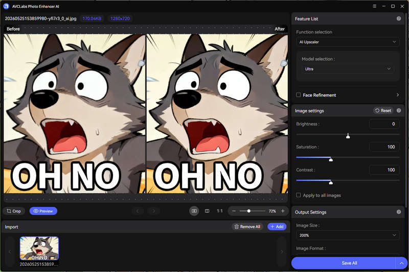 use avclabs photo enhancer ai to enhance furry meme