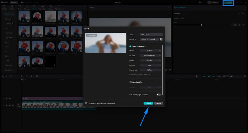 export blur video in capcut