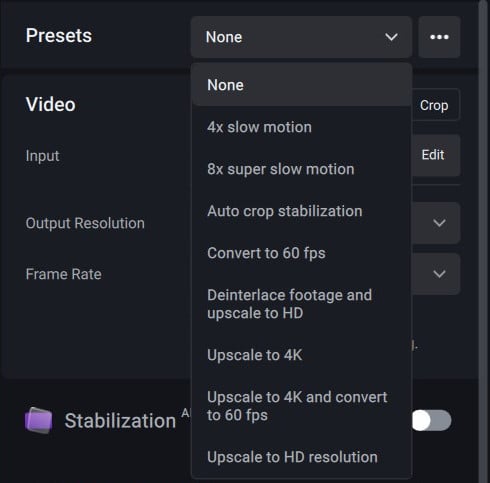 topaz video ai presets