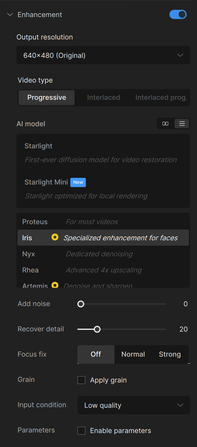 topaz video ai enhancement model