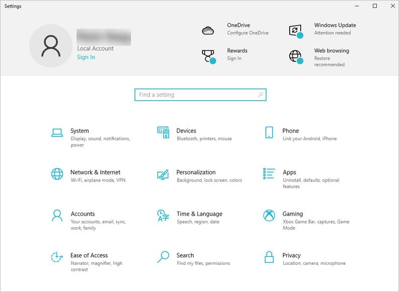 windows 10 system setting